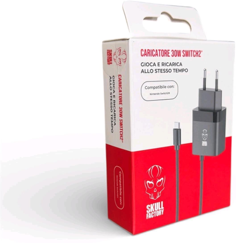 SKULL FACTORY NINTENDO SWITCH 2 ALIMENTATORE GAN USB-C 30W POWER DELIVERY 3.0 PPS CAVO INCLUSO NERO